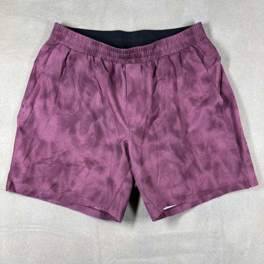 Lululemon Pace Breaker 7 Lined Shorts Mens XL Purple Maroon Dot Camo Athletic